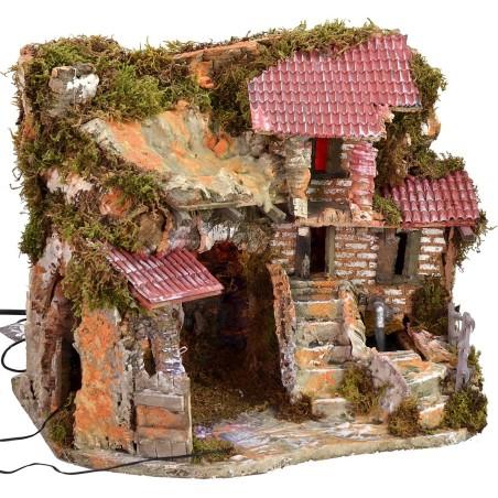 Illuminated nativity scene with functioning fountain and