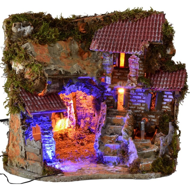 Pesebre iluminado con fuente funcional y efecto nocturno
