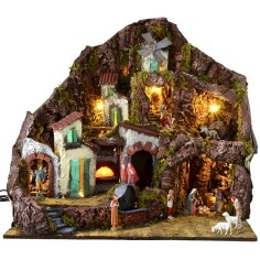 Pesebre iluminado completo con estatuas Landi con fuente, fuego 2