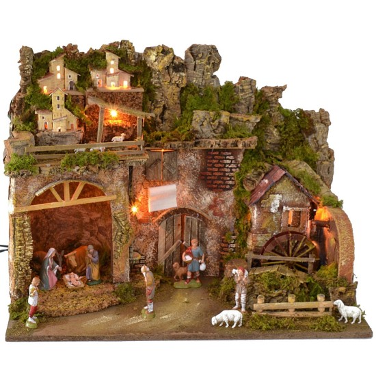 Illuminated nativity scene complete with Landi statues with