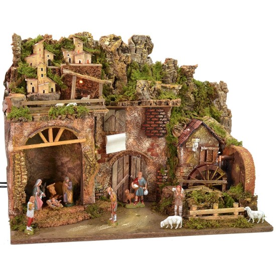 Illuminated nativity scene complete with Landi statues with