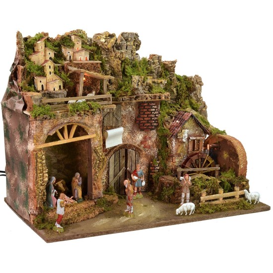 Presepe illuminato completo di statue Landi con mulino ad acqua