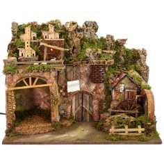 Presepe illuminato con mulino ad acqua funzionante cm 60x34x45