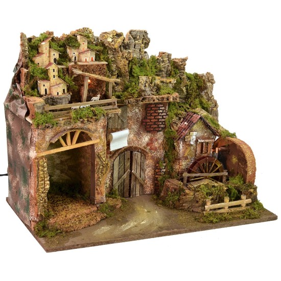 Belén iluminado con molino de agua en funcionamiento de 60x34x45 cm.