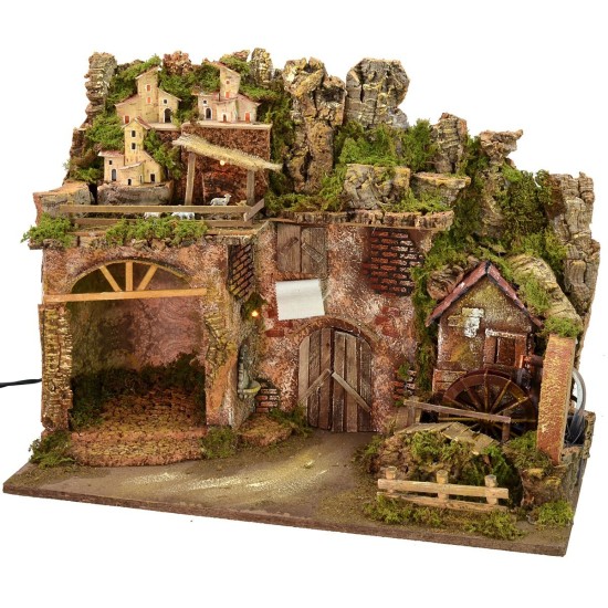 Presepe illuminato con mulino ad acqua funzionante cm 60x34x45