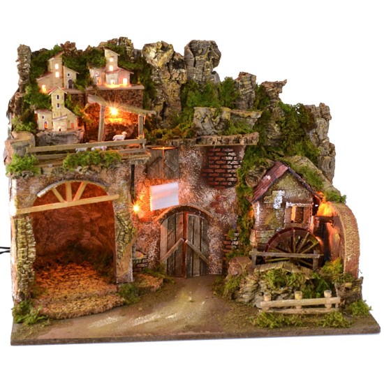 Illuminated nativity scene with working water mill cm 60x34x45 h