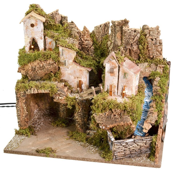 Pesebre con paisaje, luces y cascada funcionando cm 45x31x39 h