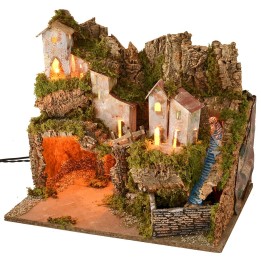 Presepe con paesaggio, luci e cascata funzionante cm 45x31x39 h
