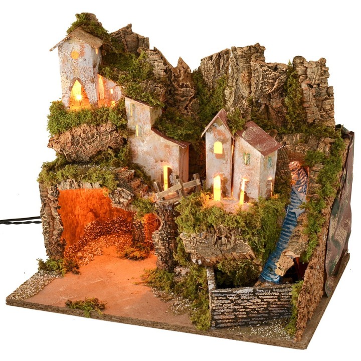 Pesebre con paisaje, luces y cascada funcionando cm 45x31x39 h