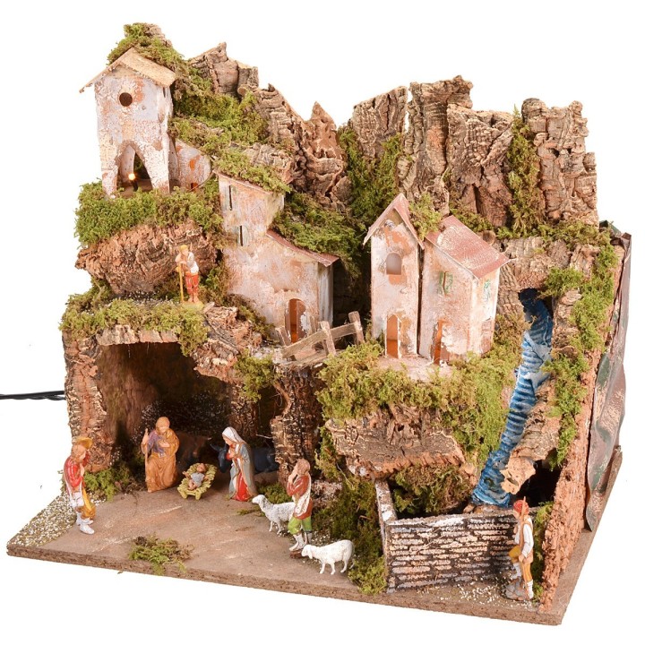 Complete nativity scene with Landi statues, with functioning lights and waterfall