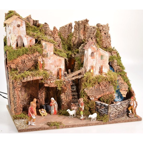 Presepe completo di statue Landi con luci e cascata funzionante