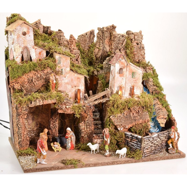 Complete nativity scene with Landi statues, with functioning lights and waterfall