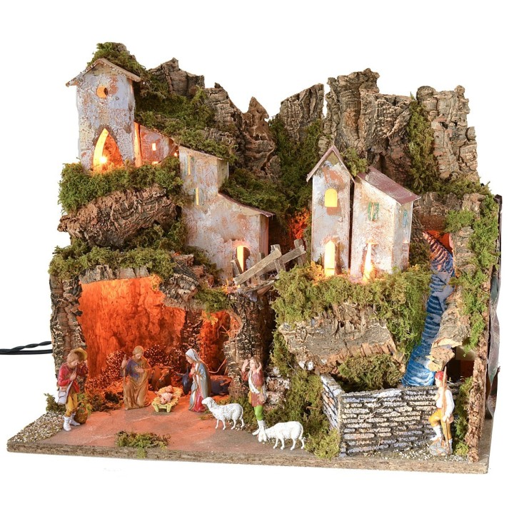 Complete nativity scene with Landi statues, with functioning lights and waterfall