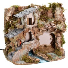 Belén con cueva, casa y fuego funcionando de 37x26,5x30 cm h