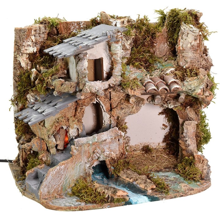 Nativity scene with cave, house, and working fire cm 37x26.5x30 h