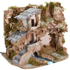 Belén con cueva, casa y fuego funcionando de 37x26,5x30 cm h 2