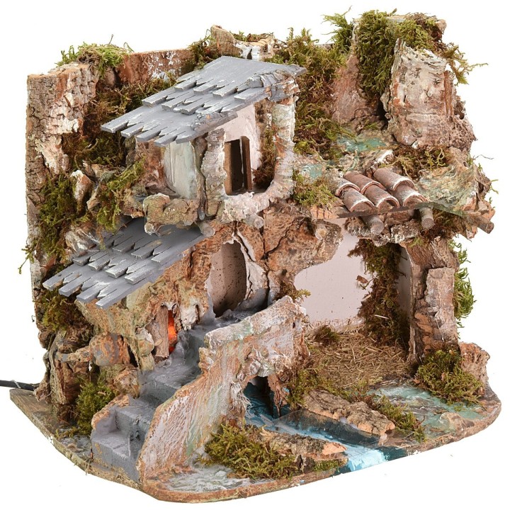 Nativity scene with cave, house, and working fire cm 37x26.5x30 h
