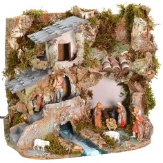 Nativity scene with statues Landi series 8 cm with working fire