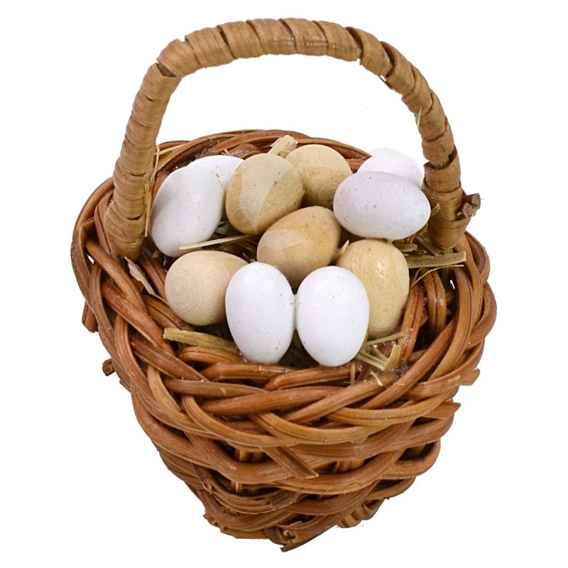 Dark wicker basket with assorted eggs ø 4,4x5,2 h cm