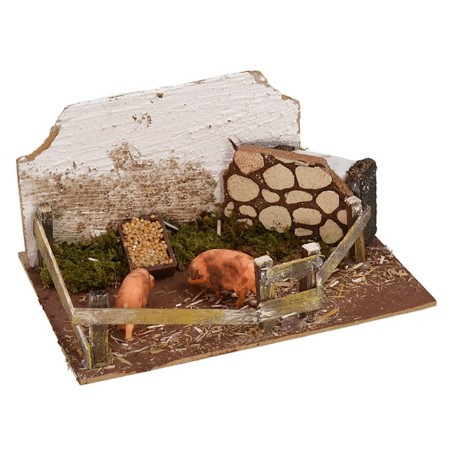 Recinto con maiali e verso sonoro 20x14x11 h cm Mondo Presepi
