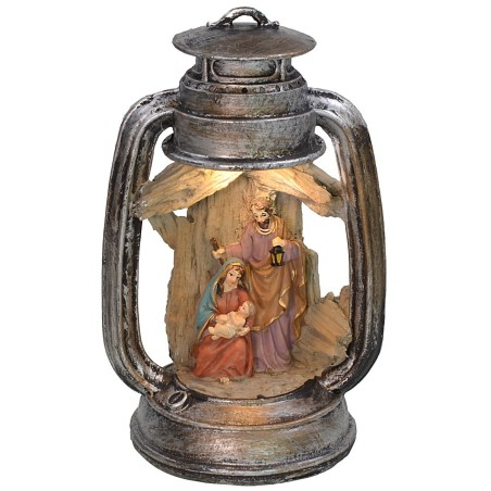 Lanterna illuminata con Natività in resina Mondo Presepi