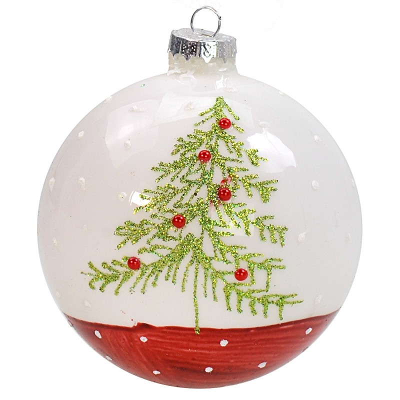 White-red bauble with Christmas tree ø 7 cm