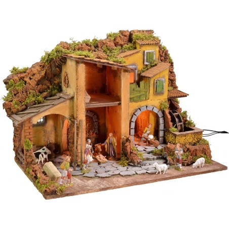 Illuminated nativity scene complete with Landi statues with