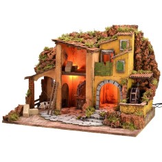 Presepe illuminato con mulino ad acqua funzionante cm 61x40x44