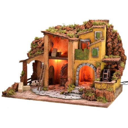 Presepe illuminato con mulino ad acqua funzionante cm 61x40x44