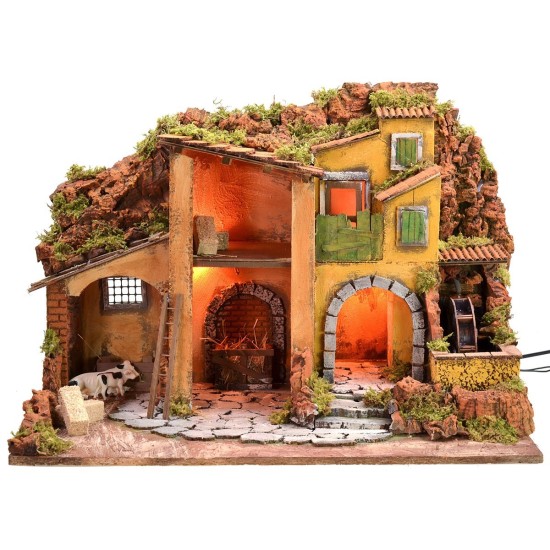 Belén iluminado con molino de agua funcional cm 61x40x44 h