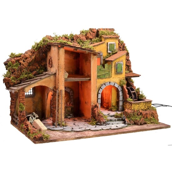 Illuminated nativity scene with working water mill cm 61x40x44 h