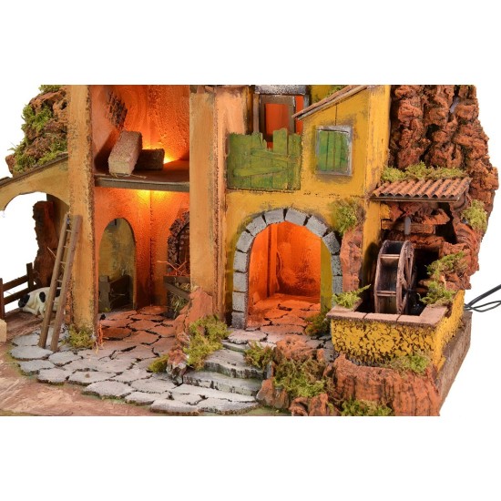 Belén iluminado con molino de agua funcional cm 61x40x44 h