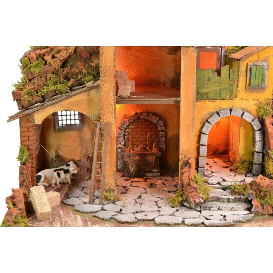 Presepe illuminato con mulino ad acqua funzionante cm 61x40x44