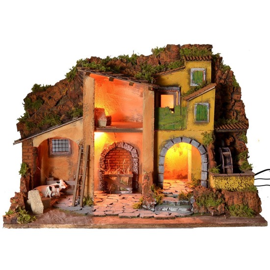 Presepe illuminato con mulino ad acqua funzionante cm 61x40x44