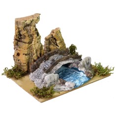 Riachuelo entre las rocas con ovejas y puente cm 19X15,7X13,5 h