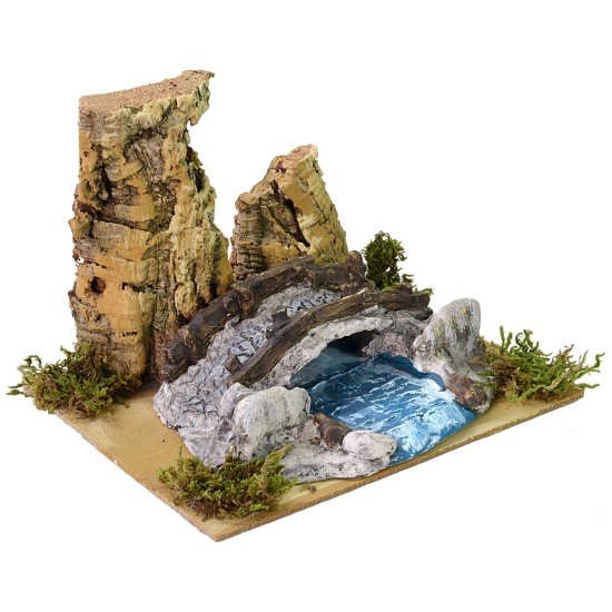 Riachuelo entre las rocas con ovejas y puente cm 19X15,7X13,5 h