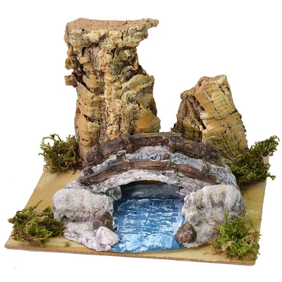 Riachuelo entre las rocas con ovejas y puente cm 19X15,7X13,5 h