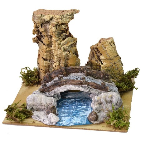 Riachuelo entre las rocas con ovejas y puente cm 19X15,7X13,5 h