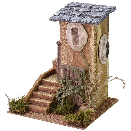Casa para pesebre con escalera y árbol cm 18x17x21,5 h
