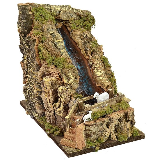 Functional rocky waterfall with bridge and sheep cm 33x18x28 h