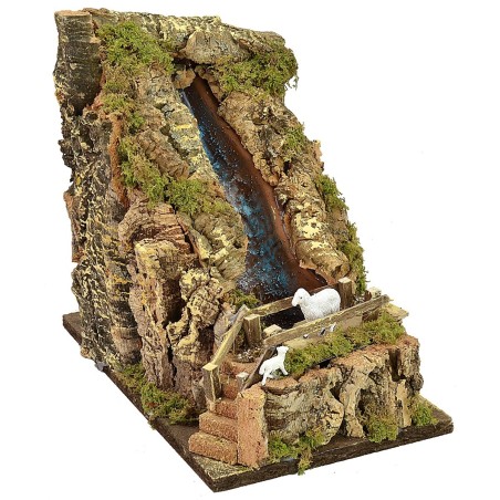Cascada rocosa funcional con puente y ovejas cm 33x18x28 h