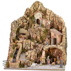 Pesebre iluminado con asno en el molino completo