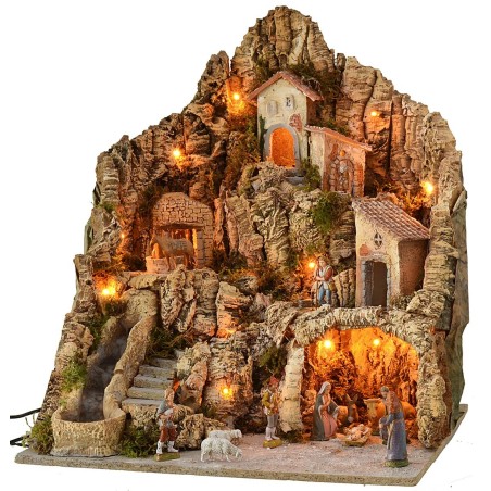Presepe illuminato con asino alla macina completo di statue