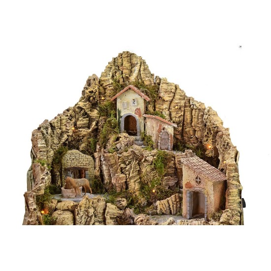 Illuminated nativity scene with functioning waterfall and donkey at the millstone