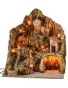 Illuminated nativity scene with functioning waterfall and