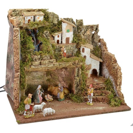 Illuminated nativity scene complete with Landi statues with