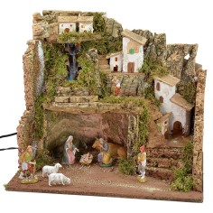 Pesebre iluminado completo con estatuas Landi con cascada de