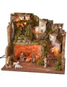 Pesebre iluminado completo con estatuas Landi con cascada de