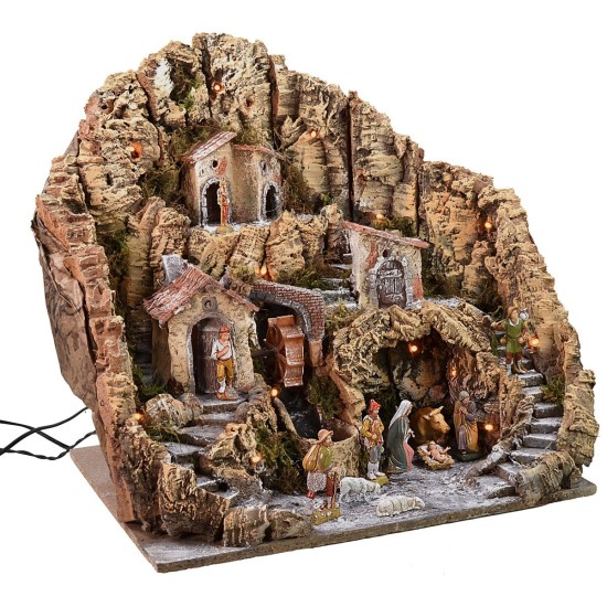 Pesebre iluminado con molino de agua completo con estatuas