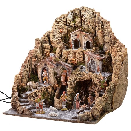Presepe illuminato con mulino ad acqua completo di statue Landi